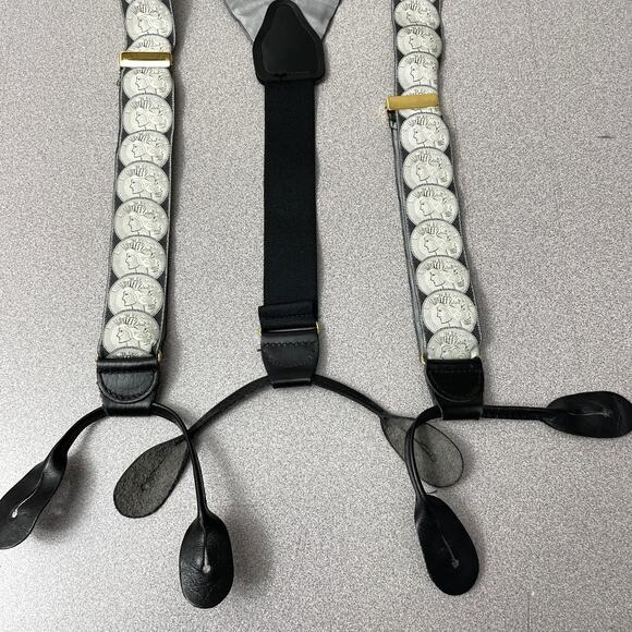 CAS Germany Silk Suspenders Mens Braces Gray Black Leather Button Coins Liberty - Picture 4 of 8